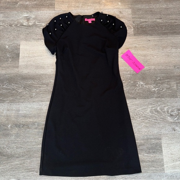 Betsey Johnson Womens Sz 2 A Line Sheath Dress Black Cap Bead Sleeve Above Knee - Picture 1 of 4